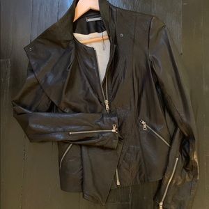 DVF black leather biker ruffle jacket.